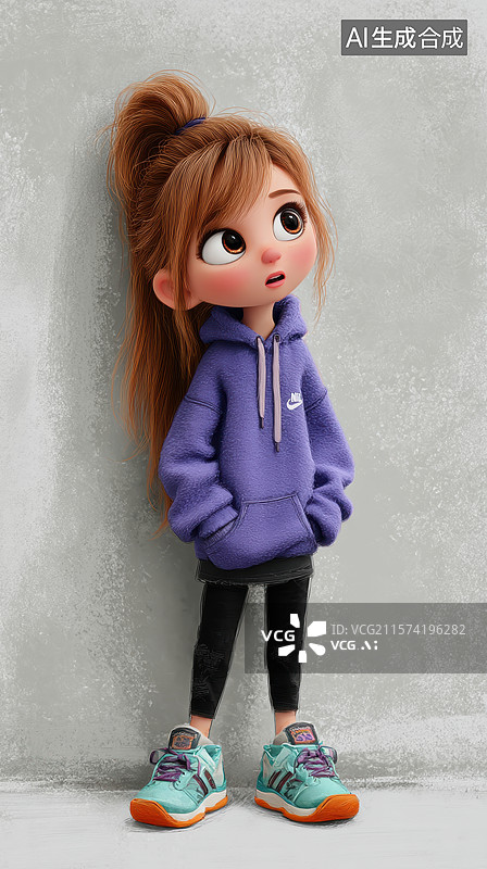 【AI数字艺术】穿紫色连帽衫的女孩靠墙站立图片素材