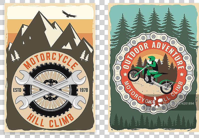 一组摩托车爬坡复古海报图片素材