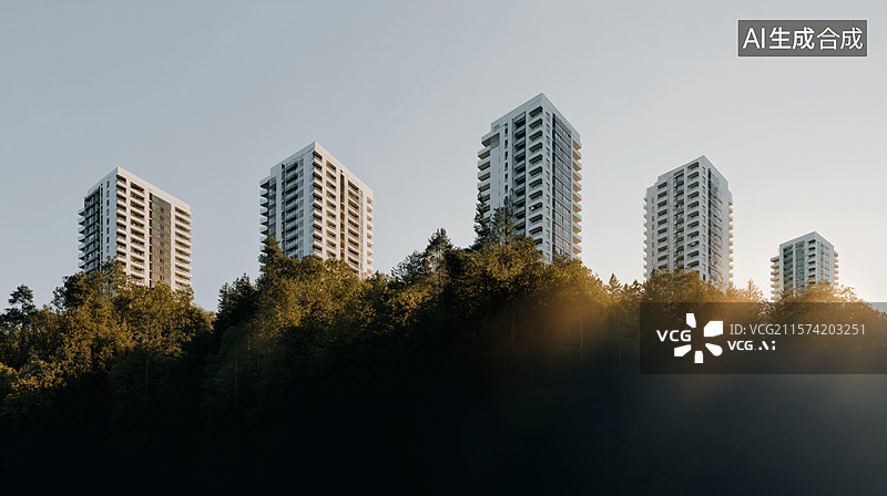 【AI数字艺术】现代化高楼与森林的交汇图片素材