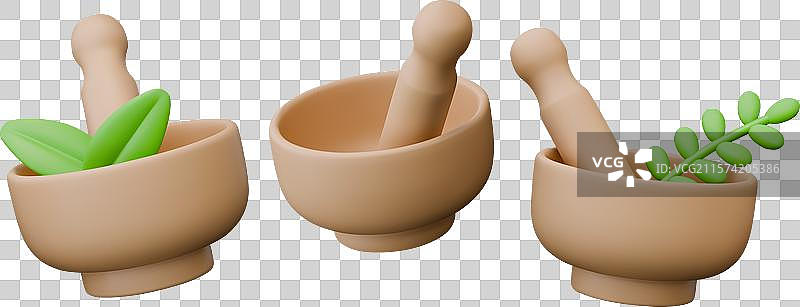 一套3D木质研钵和空碗图片素材