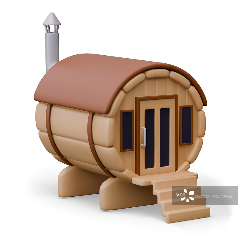 带窗户和门的圆形木质桑拿迷你版图片素材