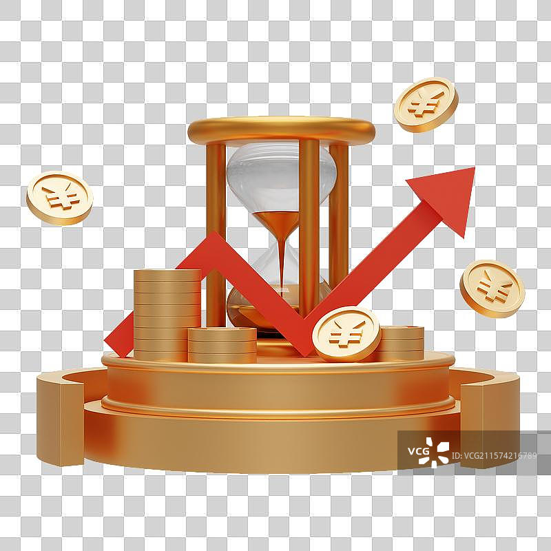 三维立体卡通沙漏金币上升箭头展台免抠元素图片素材