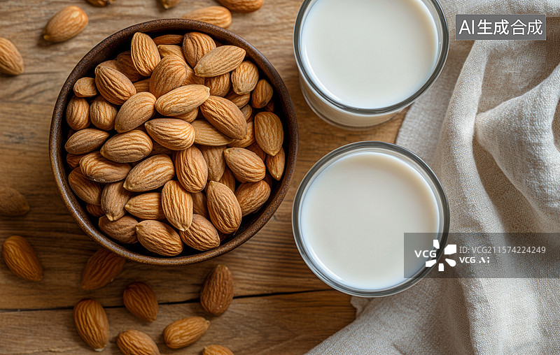 【AI数字艺术】杏仁与牛奶的健康搭配图片素材