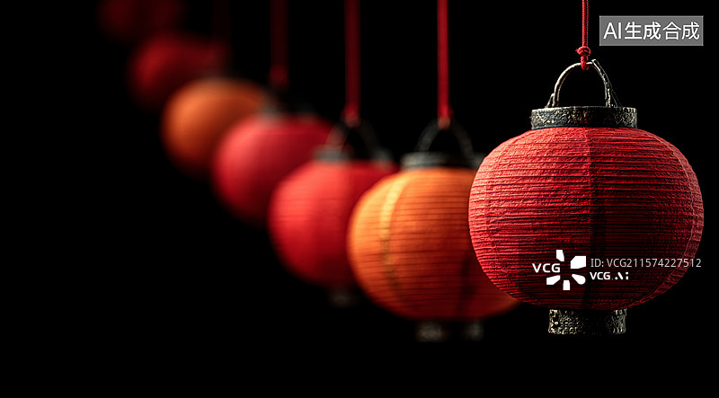 【AI数字艺术】传统红色灯笼在黑色背景下图片素材