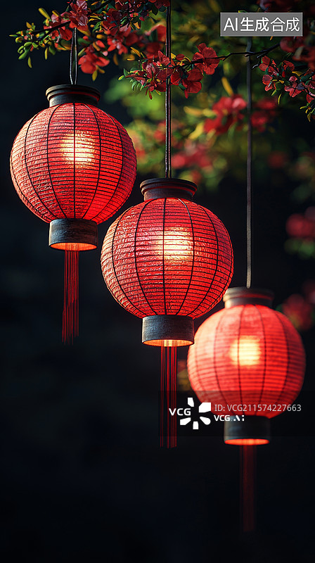 【AI数字艺术】精致的红色灯笼悬挂特写图片素材