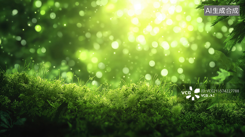 【AI数字艺术】阳光穿透森林，绿意盎然的苔藓景观图片素材