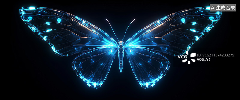 【AI数字艺术】蓝色荧光蝴蝶在黑暗中的光辉图片素材