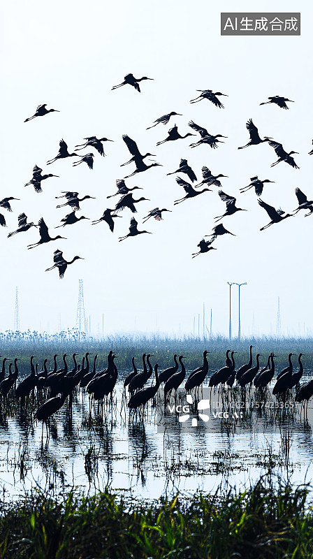 【AI数字艺术】世界海洋日插画滨海湿地成群的候鸟在浅滩飞翔和觅食图片素材