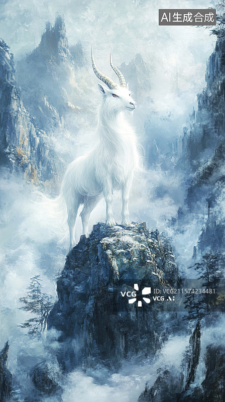 【AI数字艺术】山海经神兽插画昆仑之巅浑身雪白的白泽图片素材