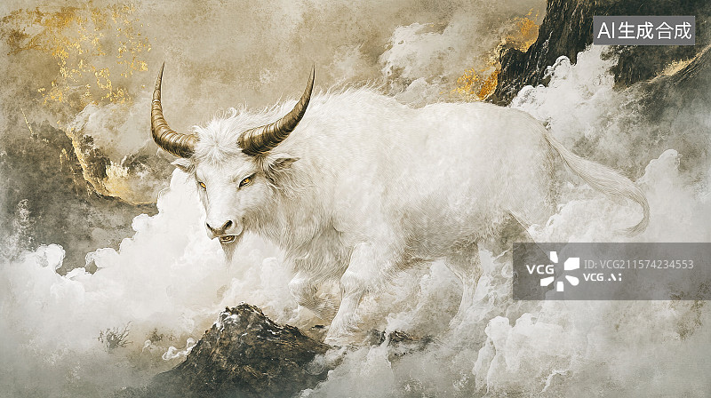 【AI数字艺术】山海经神兽插画昆仑之巅浑身雪白的白泽图片素材
