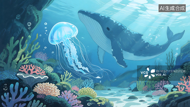 【AI数字艺术】鲸鱼与水母插画图片素材