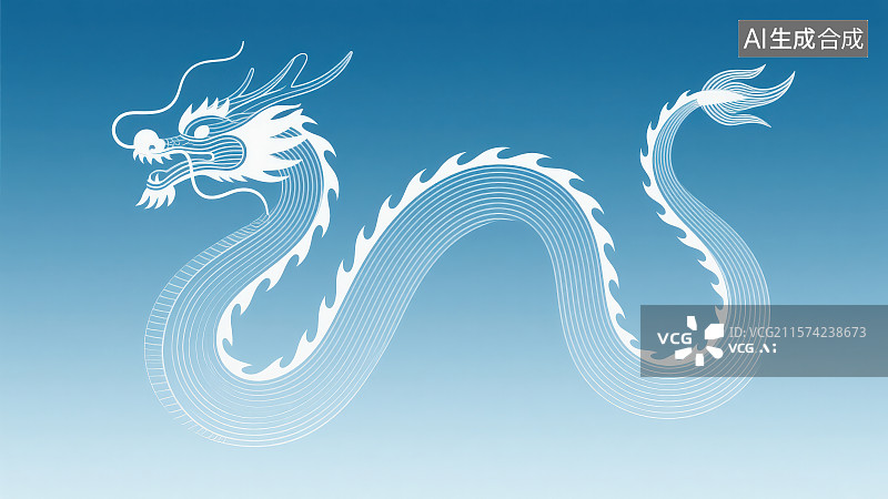 【AI数字艺术】浅蓝色极简线条艺术风格流动曲线勾勒“中国龙”轮廓，新年春节吉祥物属相传十二生肖动物“龙”年图片素材