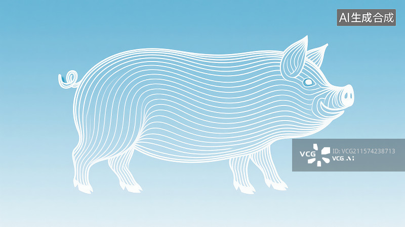 【AI数字艺术】浅蓝色极简线条艺术风格流动曲线勾勒“猪”轮廓，新年春节吉祥物属相传十二生肖动物“猪”年图片素材