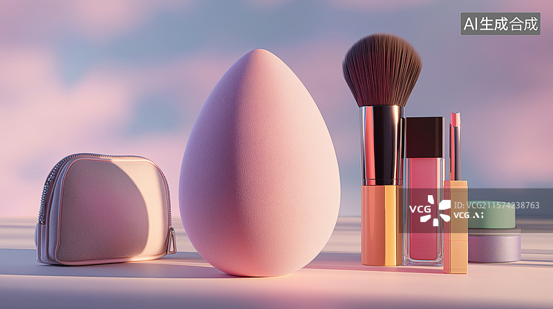 【AI数字艺术】化妆工具与彩妆品的柔和展示图片素材