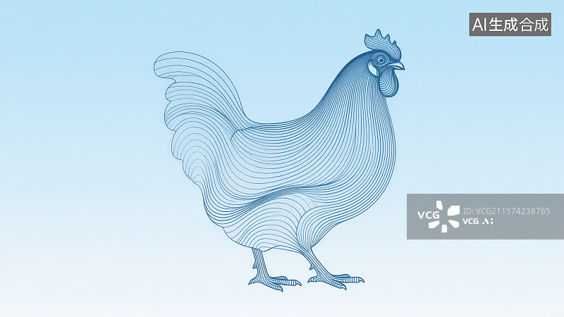 【AI数字艺术】浅蓝色极简线条艺术风格流动曲线勾勒“鸡”轮廓，新年春节吉祥物属相传十二生肖动物“鸡”年图片素材