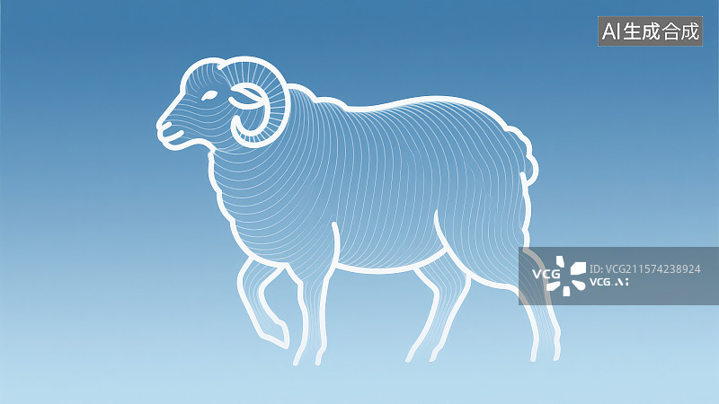 【AI数字艺术】浅蓝色极简线条艺术风格流动曲线勾勒“羊”轮廓，新年春节吉祥物属相传十二生肖动物“羊”年图片素材