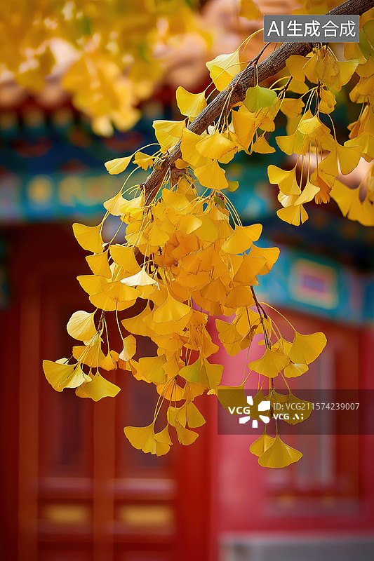 【AI数字艺术】古建筑屋檐与金黄银杏叶图片素材