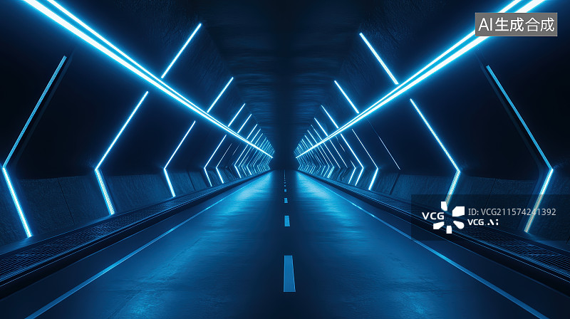 【AI数字艺术】3D渲染蓝色霓虹灯隧道科技感对称空间抽象建筑概念背景图片素材