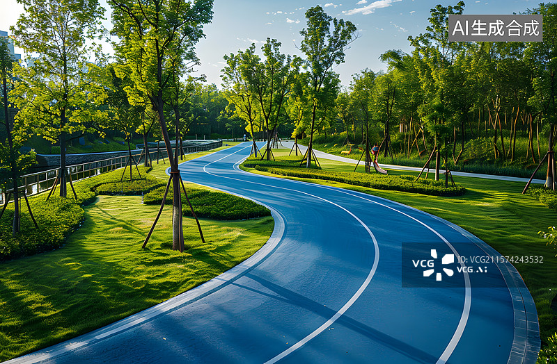 【AI数字艺术】公园里的蓝色橡胶跑道图片素材