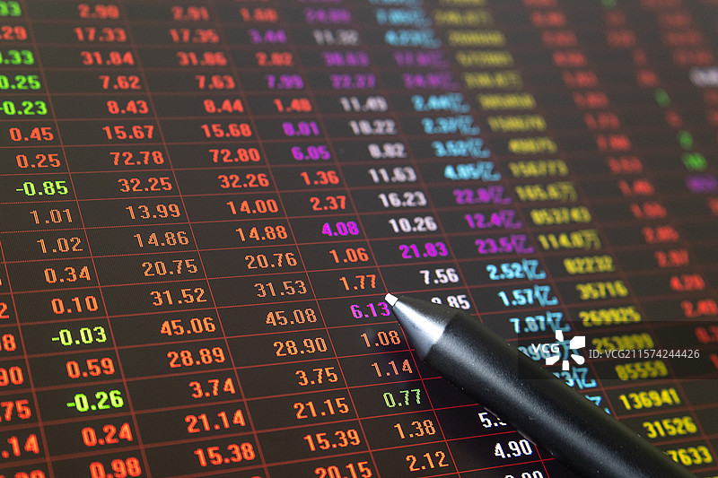 股票屏幕和笔，研究股市行情，证券，市场，波动图片素材