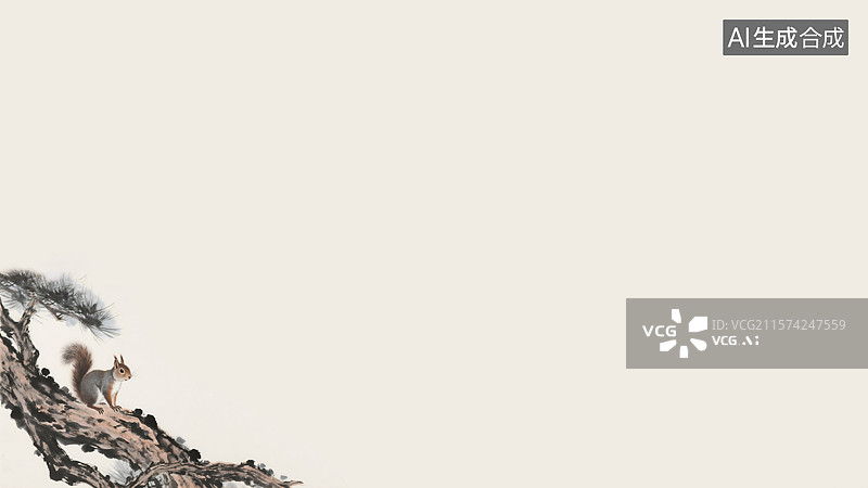 【AI数字艺术】树干上的松鼠水墨画背景左下图片素材