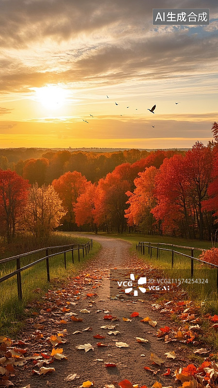 【AI数字艺术】秋天枫叶森林树木飘落立秋秋分节气自然场景插画图片素材