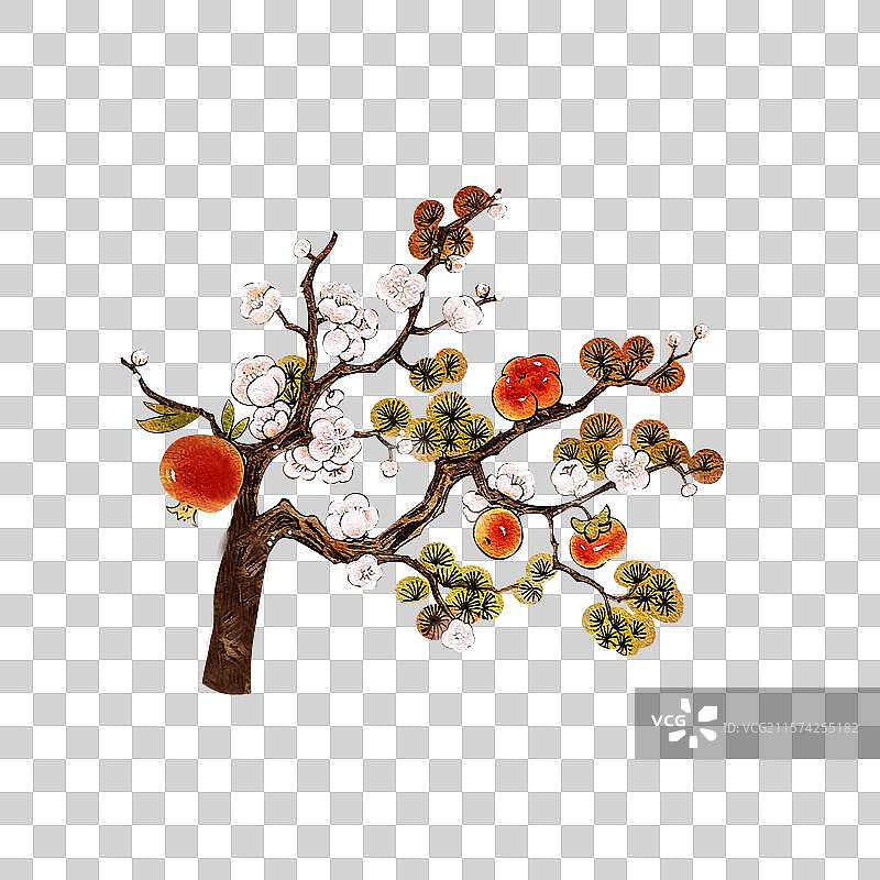 新年除夕中式松柏梅花柿子插画元素图片素材