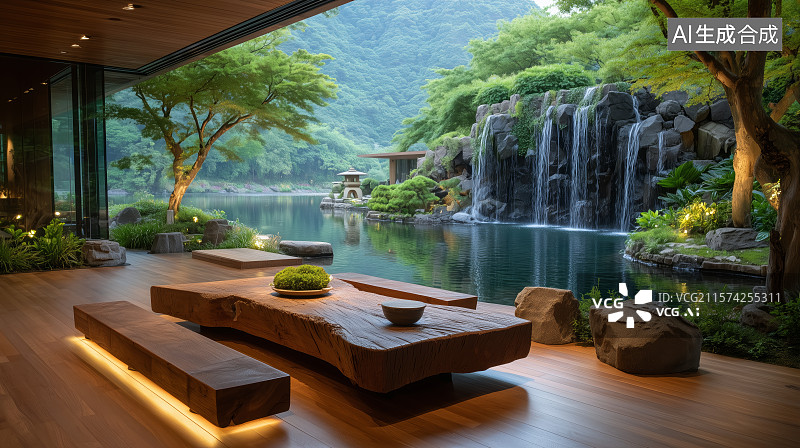 【AI数字艺术】山水环绕的庭院木台图片素材