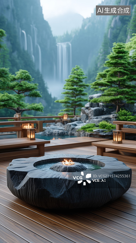 【AI数字艺术】山水环绕的庭院木台图片素材