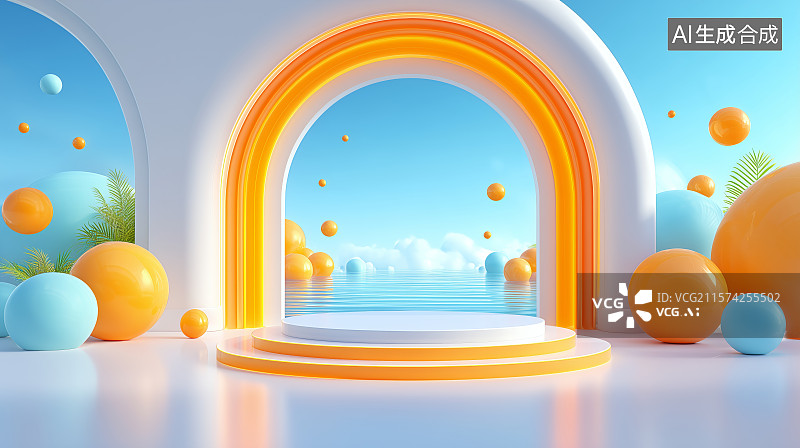 【AI数字艺术】橙色拱门与球体的抽象场景图片素材