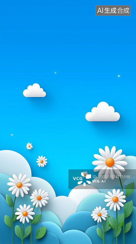 【AI数字艺术】蓝色背景上的白色雏菊花丛图片素材