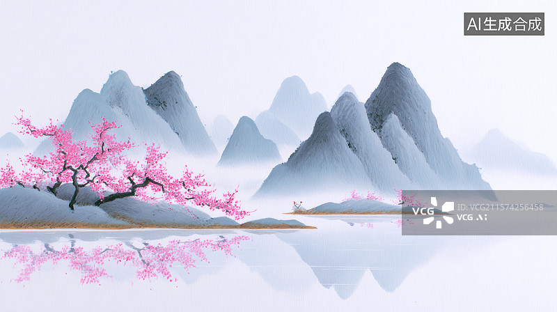 【AI数字艺术】朦胧山景与粉红花朵图片素材