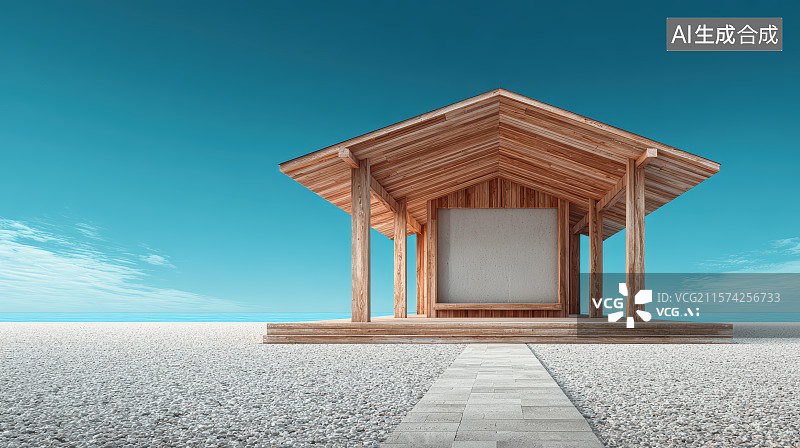 【AI数字艺术】海边度假村建筑与碎石子地面平台图片素材