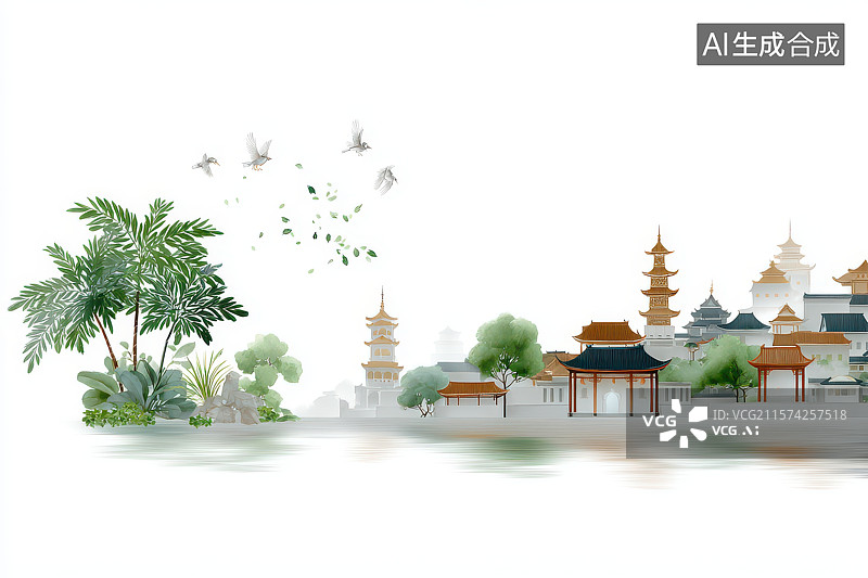【AI数字艺术】​​中式水乡古塔飞鸟画卷​图片素材