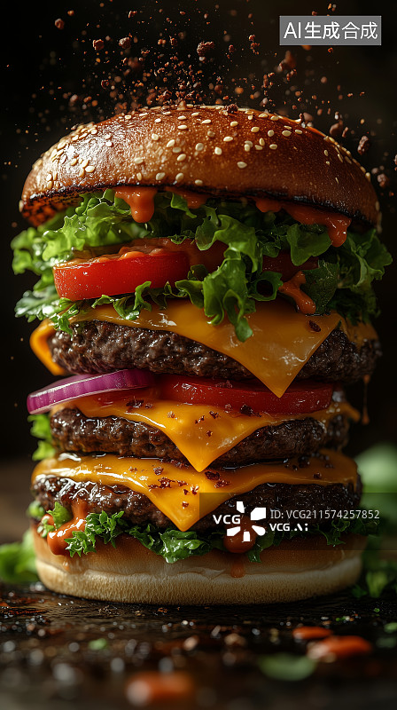 【AI数字艺术】双层牛肉汉堡配生菜和番茄图片素材