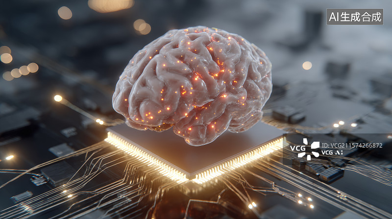 【AI数字艺术】悬浮大脑连接电路芯片释放能量光流图片素材