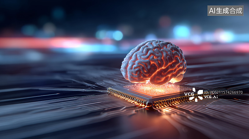 【AI数字艺术】悬浮大脑连接电路芯片释放能量光流图片素材