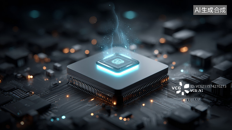 【AI数字艺术】发光中央芯片与主板构成的科技核心图像图片素材