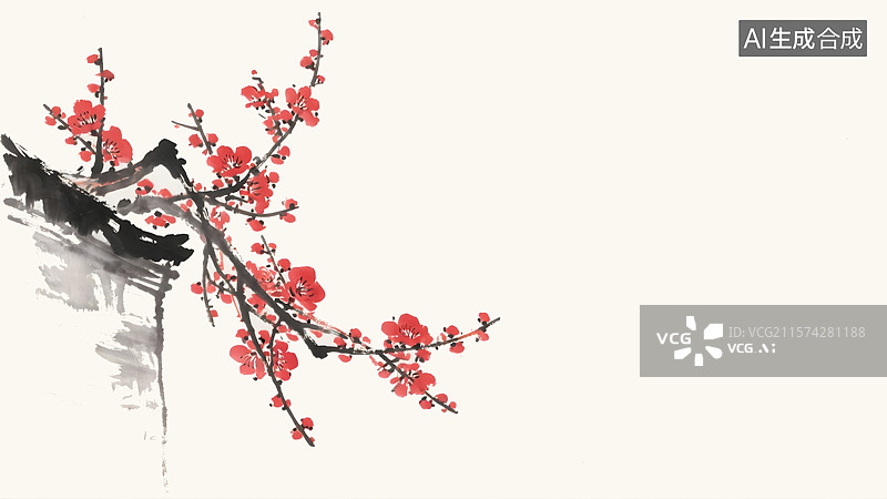 【AI数字艺术】红梅水墨画背景居左图片素材