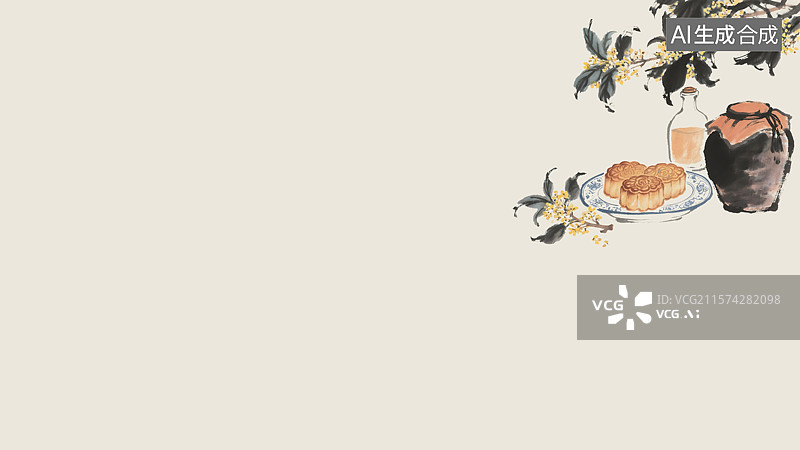 【AI数字艺术】月饼和桂花水墨画背景右上图片素材