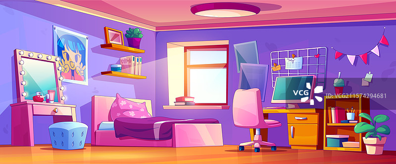 少女房间室内设计，配有粉色家具图片素材