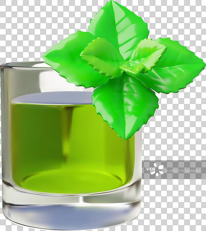 带薄荷叶的蔬菜汁3D玻璃杯图片素材