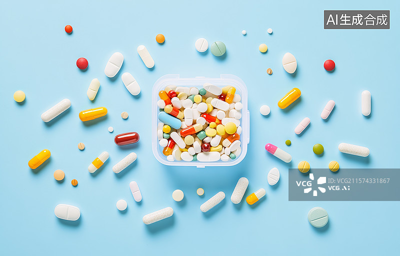 【AI数字艺术】药丸散落桌面图片素材