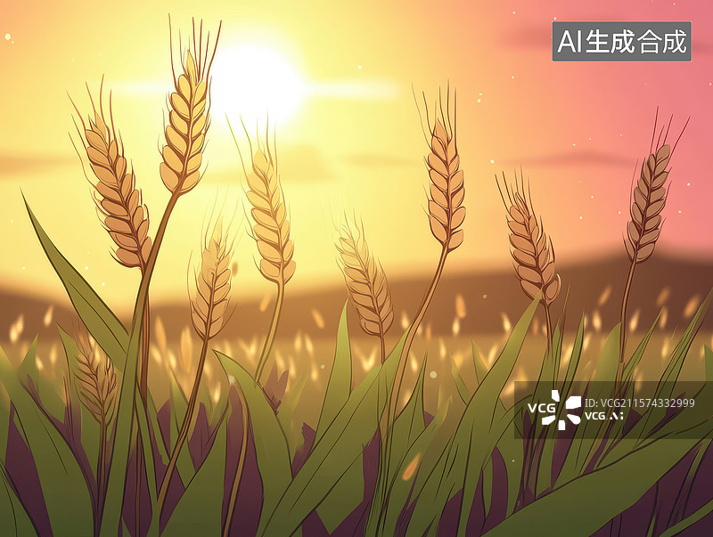 【AI数字艺术】麦田日落，金黄穗子随风摇曳图片素材