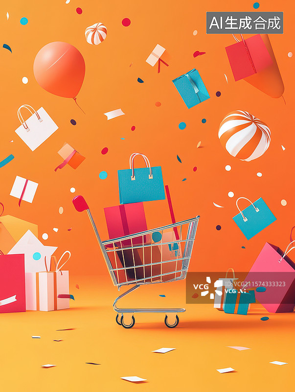 【AI数字艺术】购物车满载礼品，庆祝氛围浓厚图片素材