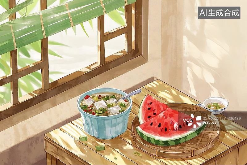【AI数字艺术】夏季清凉食物 西瓜 绿豆汤 夏季炎热 大暑小暑处暑立秋 插画素材背景图片素材