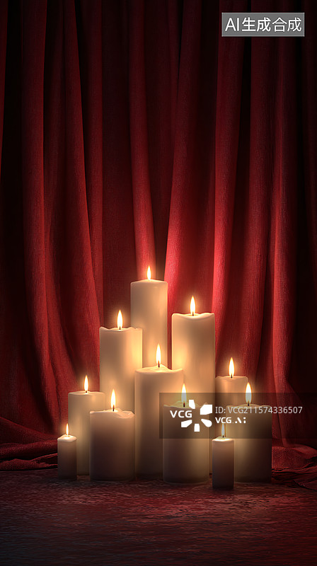 【AI数字艺术】红色幕布前的温暖烛光图片素材