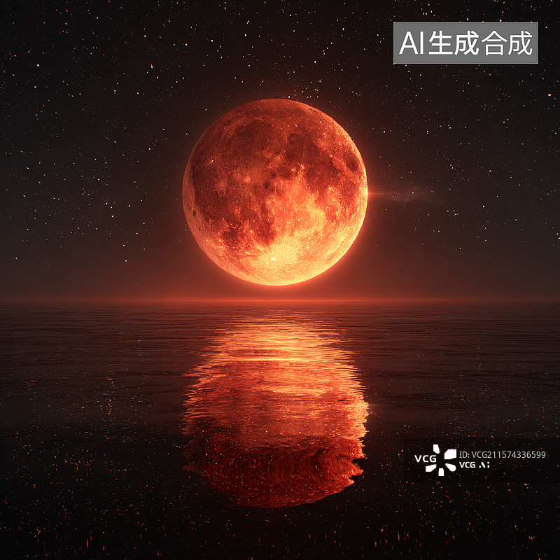 【AI数字艺术】海上升起的红色圆月图片素材