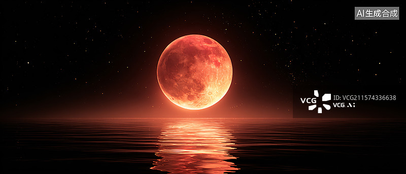 【AI数字艺术】海上升起的红色圆月图片素材