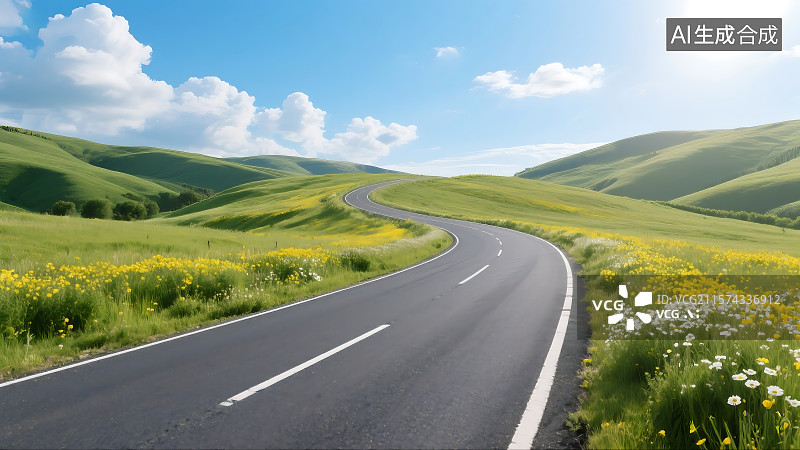 【AI数字艺术】蜿蜒的乡村公路 草原公路 汽车广告背景图图片素材